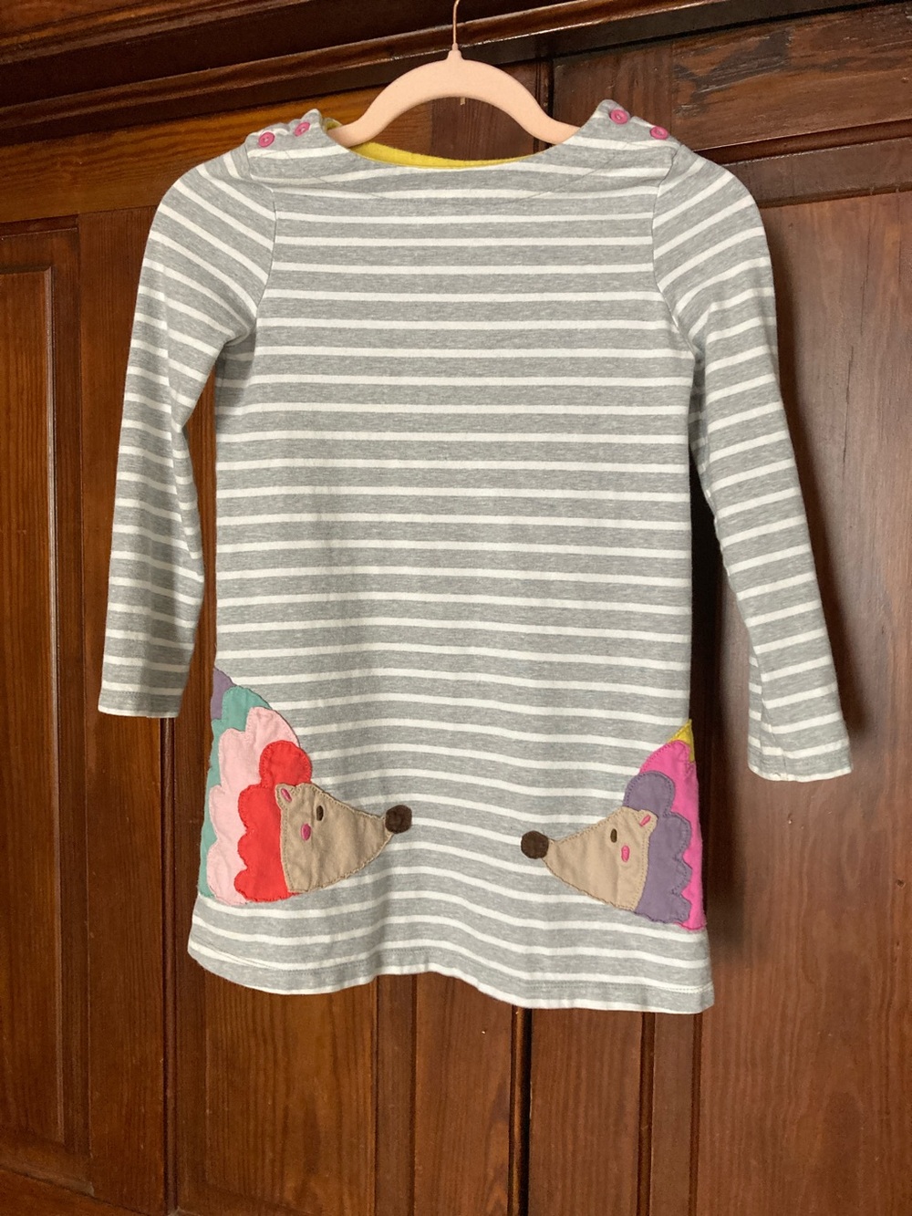 Mini Boden Gray and White Striped Dress with Colorful Hedgehogs